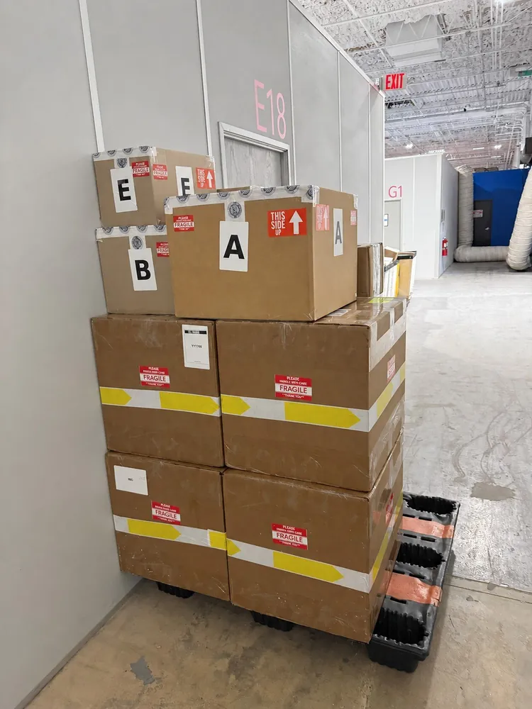 A pallet of packed and labelled boxes in the Orlando warehouse, ready for the courier